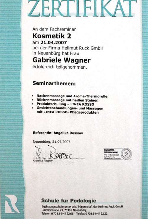 Zertifikat - Fachseminar: Kosmetik 2